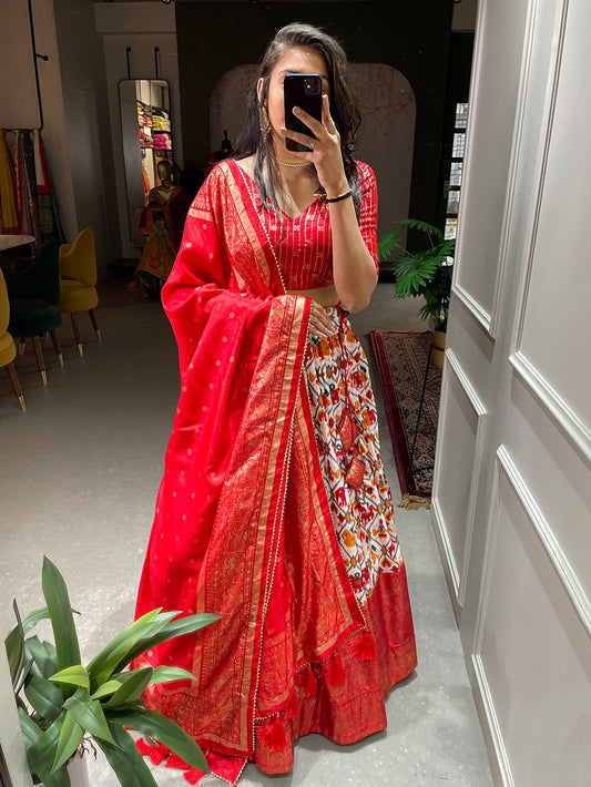 Outstanding Patola Print With Foil Work Red Color Lehenga Choli