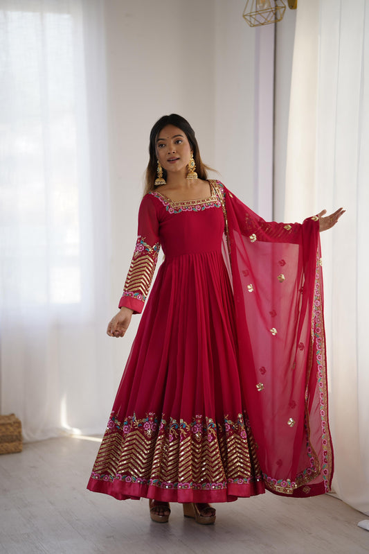 Captivating Red Georgette Embroidery Work Gown