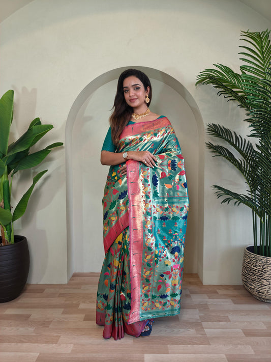 Blissful Paithani Silk Sky Blue Color Saree