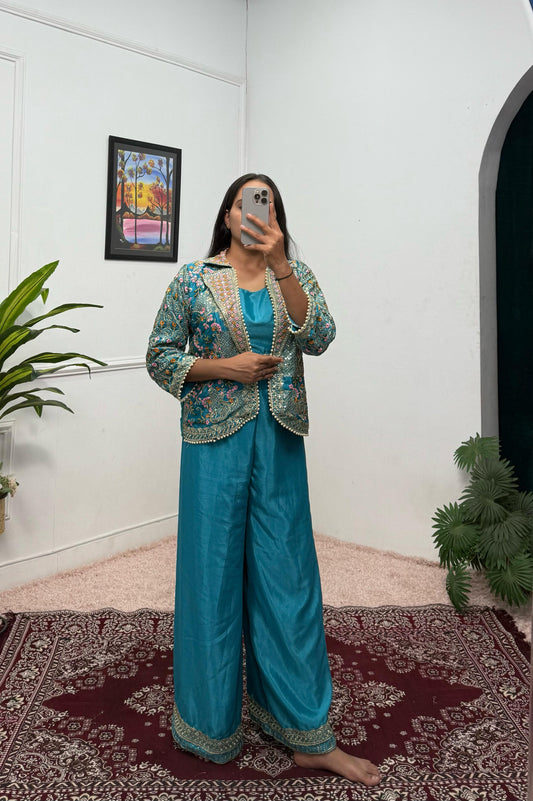 Admiring Embroidery Work Teal Blue Color Palazzo Top With Koti