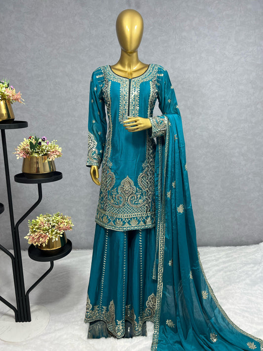 Captivating Embroidery Work Teal Blue Color Palazzo With Dupatta Set