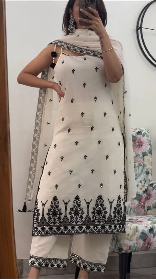 Glorious White Cotton Silk Embroidery Palazzo Suit