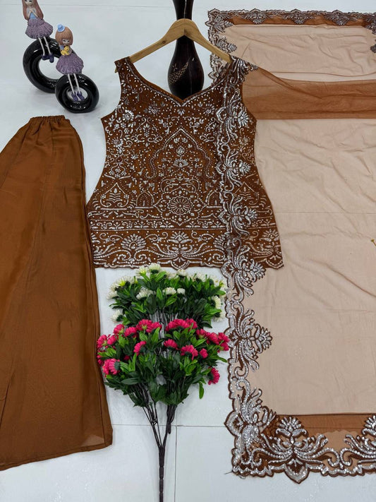 Elegance Brown Color Embroidered Festive Sharara Suit