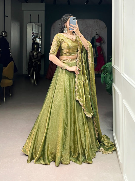 Mehndi Color Sequence Work Attractive Lehenga Choli
