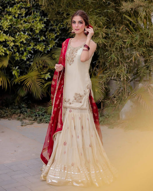 Cream Color Full Stitched Trendy Sharara Suit