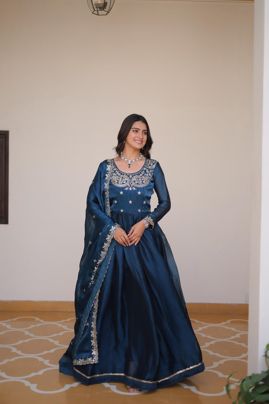 Occasion Wear Burberry Silk Teal Blue Color Gown