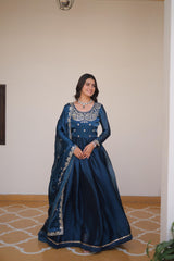 Occasion Wear Burberry Silk Teal Blue Color Gown Occasion Wear Burberry Silk Teal Blue Color Gown