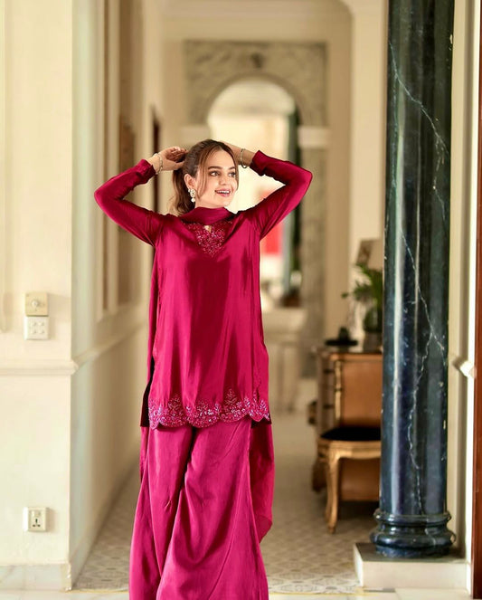 Designer Sequence Pink Color Palazzo Suit