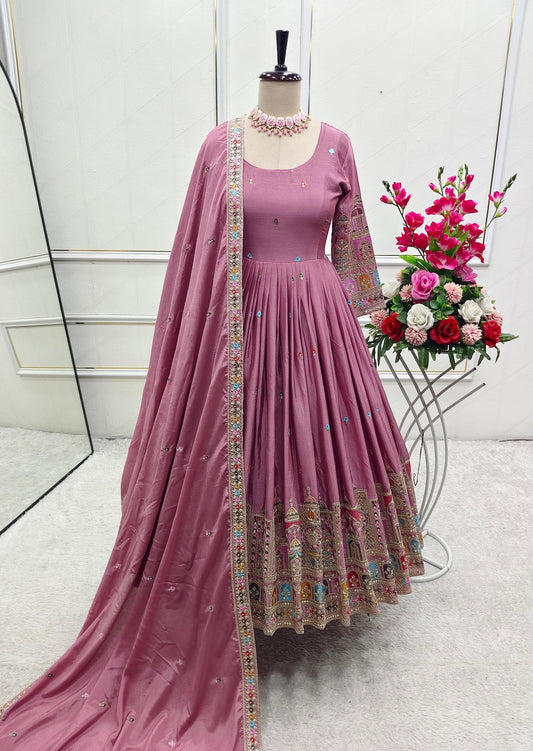 Stunning Embroidery Work Lavender Color Anarkali Gown