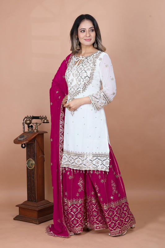 Exclusive Heavy Work White Color Suit Pink Sharara