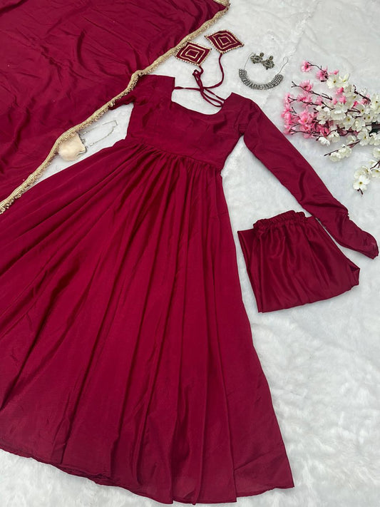 Fabulous Chinnon Silk Maroon Color Anarkali Gown