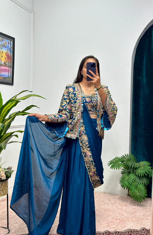 Designer Embroidery Work Navy Blue Color Ready To Wear Saree