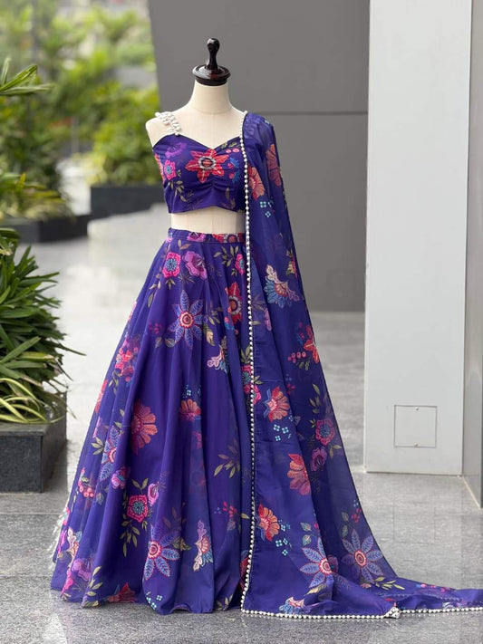 Ravishing Blue Digital Printed Lehenga Organza Choli