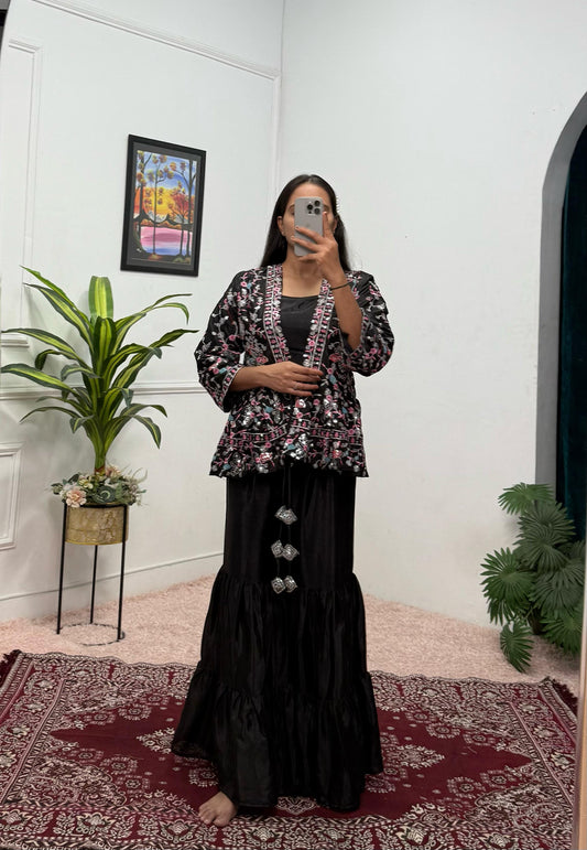 Function Wear Chinon Silk Black Color Sharara Suit