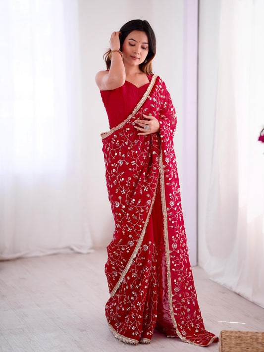 Glorious Red Crunchy Silk Embroidery Work Saree