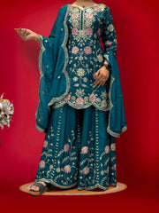 Wonderful Sequence Haldi Wear Teal Blue Color Sharara Suit Wonderful Sequence Haldi Wear Teal Blue Color Sharara Suit
