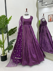 Designer Jacquard Silk Purple Color Gown With Dupatta Designer Jacquard Silk Purple Color Gown With Dupatta