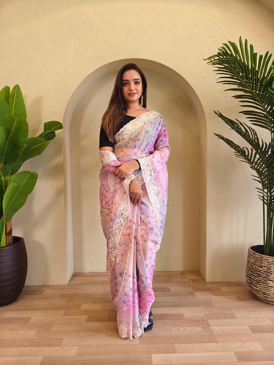 Classic Light Pink Color Digital Print Organza Saree