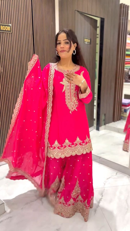 Gorgeous Embroidery Work Pink Color Sharara Suit
