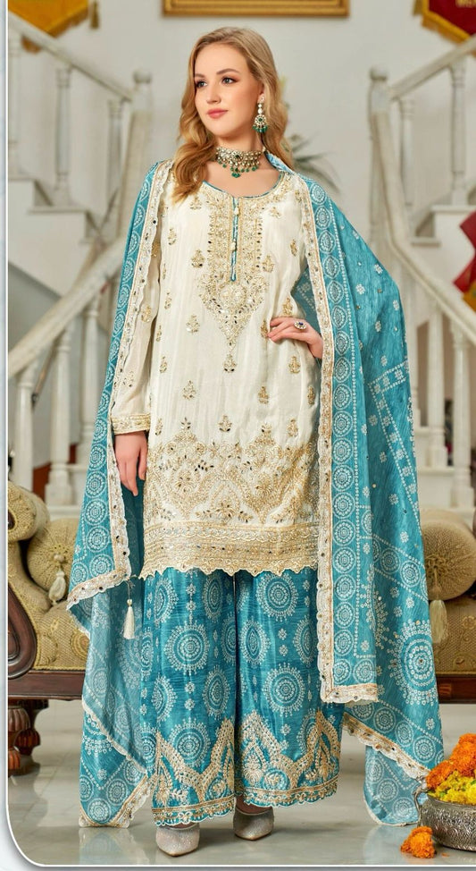 Embroidered Sequence Work Blue Color Sharara Sui