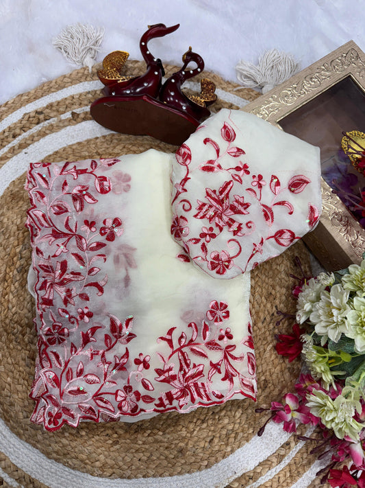 Stylish White Silk Thread Work Saree