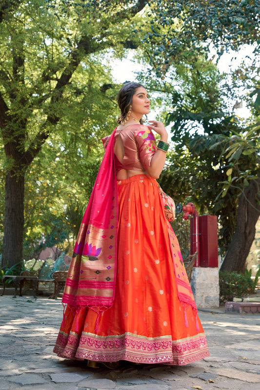 Occasion Wear Weaving Zari Work Orange Color Lehenga Choli