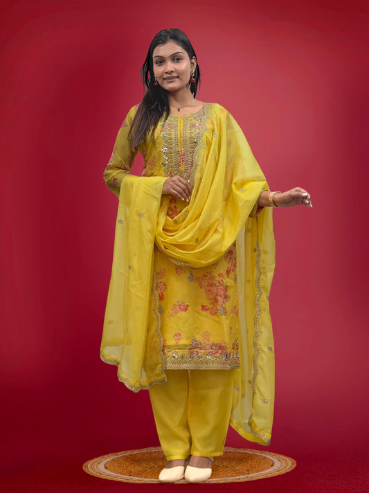 Good Looking Organza Yellow Color Palazzo Suit