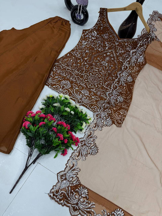 Elegance Brown Color Embroidered Festive Sharara Suit