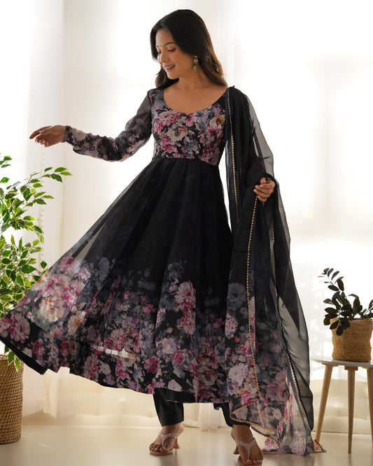 Good Looking Multi Flower Printed Black Color Anarkali Suit