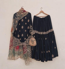 Adorable Embroidery Work Black Color Sharara Suit Adorable Embroidery Work Black Color Sharara Suit