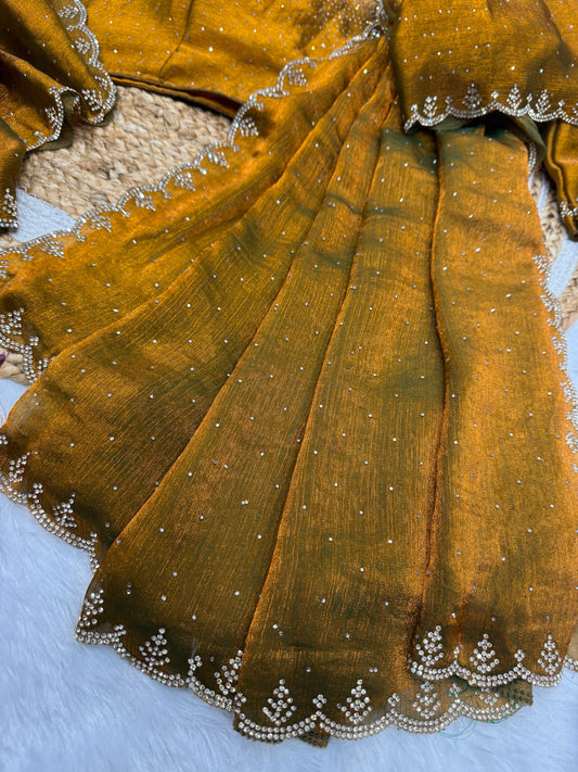 Beautiful Mustered Color Diamond Work Saree