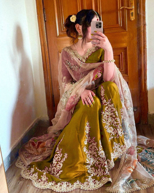 Stunning Chinon Embroidery Work Mustard Color Sharara Suit