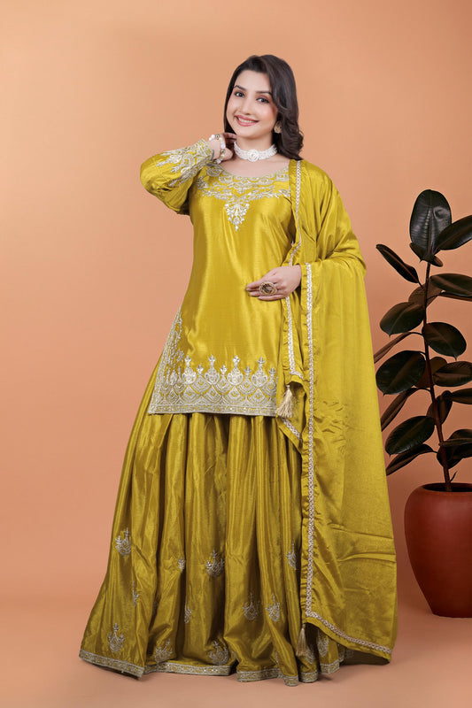 Exclusive Embroidery Work Mustard Color Palazzo Suit