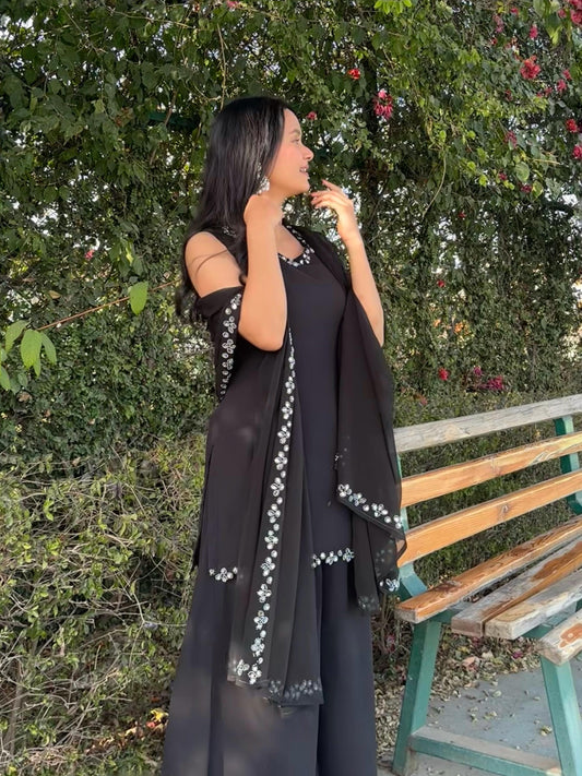Elegant Real Mirror Work Black Color Palazzo Suit