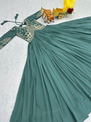 Beautiful Sequence Embroidery Work Silk Rama Color Gown Beautiful Sequence Embroidery Work Silk Rama Color Gown