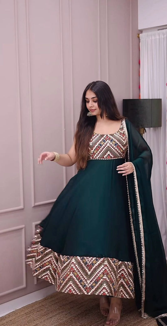 Stunning Sequence Work Green Color Gown