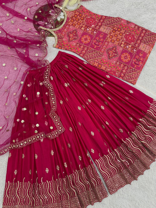 Gorgeous Pink Chinon Silk Sequence Work Sharara Suit