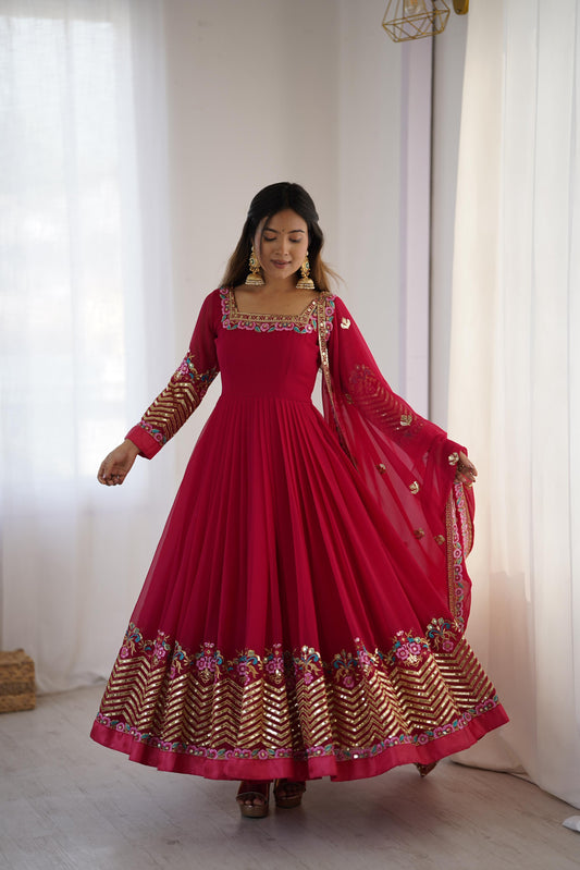Captivating Red Georgette Embroidery Work Gown