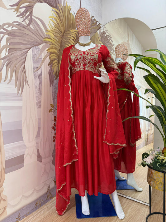Wonderful Embroidery Work Red Color Gown