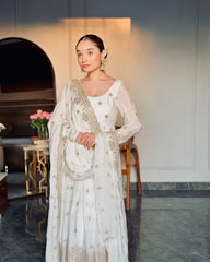 Adorable Chinon Silk White Color Sequence Work Gown Adorable Chinon Silk White Color Sequence Work Gown