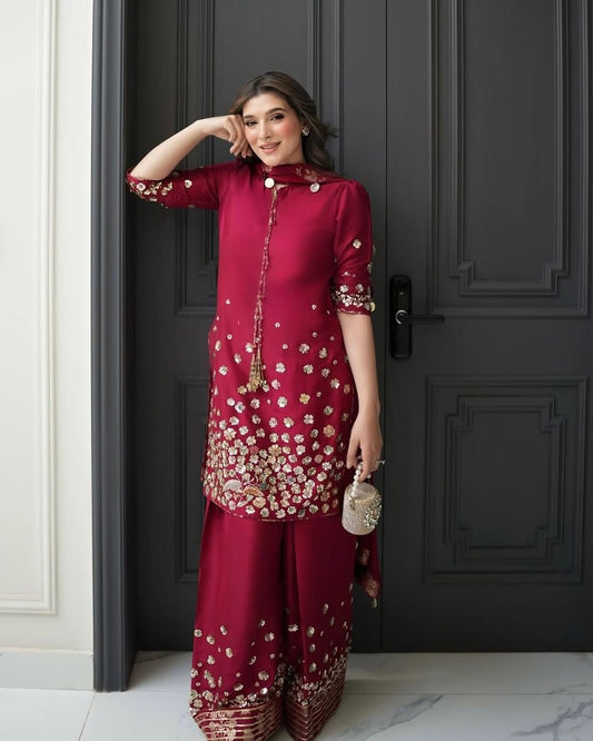 Red Color Sequence Work Palazzo Suit
