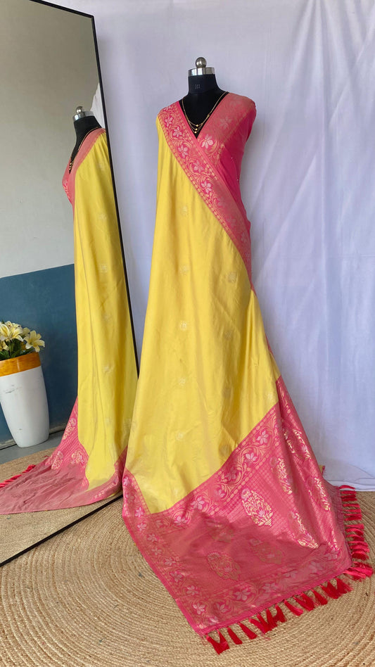 Flattering Tone Silk Zari Weaves Yellow Color Saree