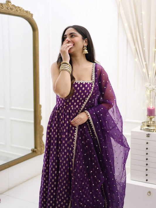 Designer Jacquard Silk Purple Color Gown With Dupatta