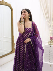 Designer Jacquard Silk Purple Color Gown With Dupatta Designer Jacquard Silk Purple Color Gown With Dupatta