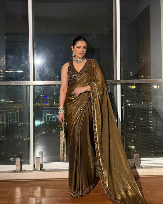 Party Wear Space Silk Beige Color Saree