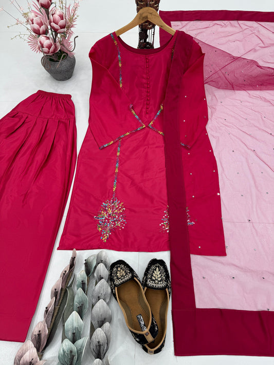 Pink Color Sequence Work Palazzo Suit