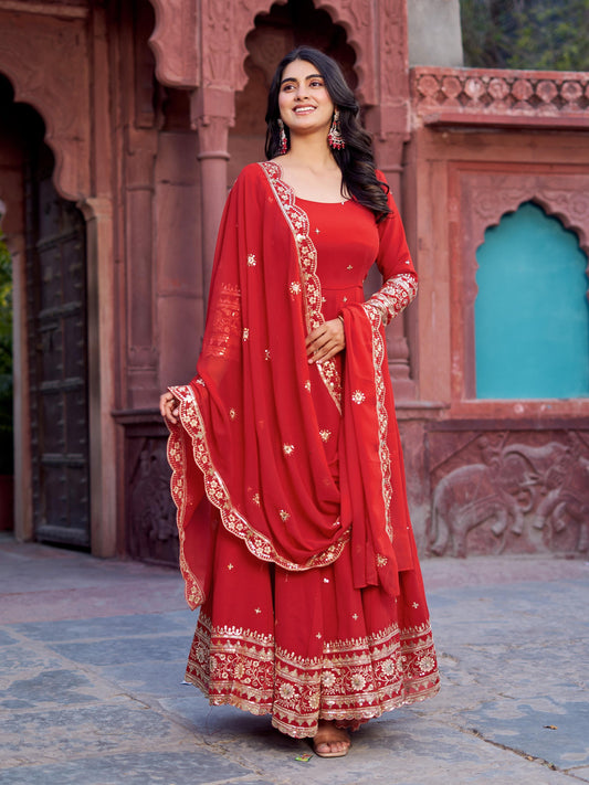 Classic Heavy Work Red Color Georgette Gown
