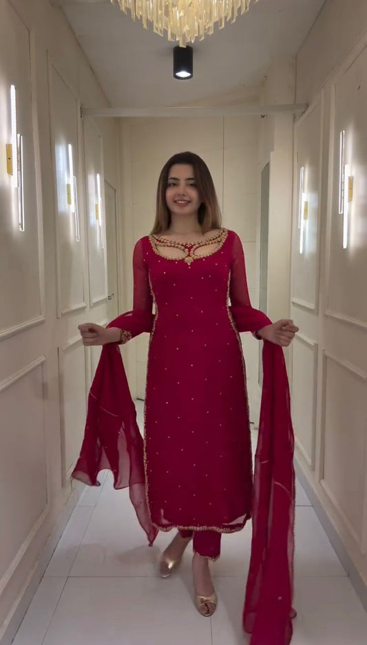 Designer Maroon Georgette Embroidery Work Palazzo Suit