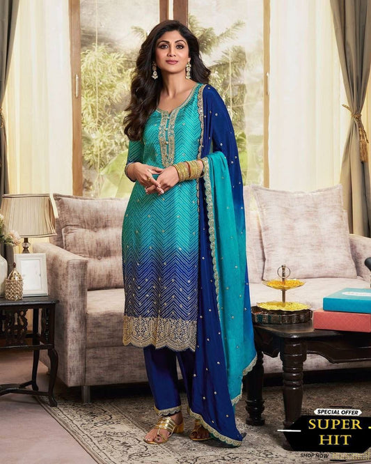 Precious Embroidery Work Sky Blue With Navy Blue Color Salwar Suit