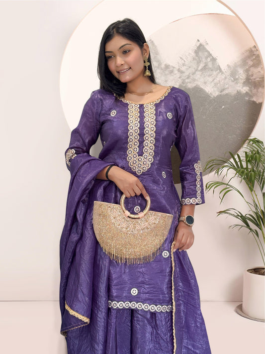 Pretty Purple Crush Silk Embroidery Work Palazzo Suit